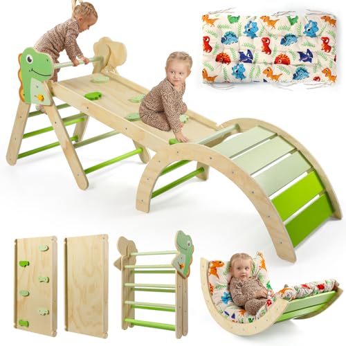 7-in-1 Montessori Kletterdreieck Set mit Rutsche, Kletterbogen & weichem Kissen – Holz Klettergerüst für Babys & Kleinkinder, Indoor Spielgerät, faltbar & sicher (Dinosaur)