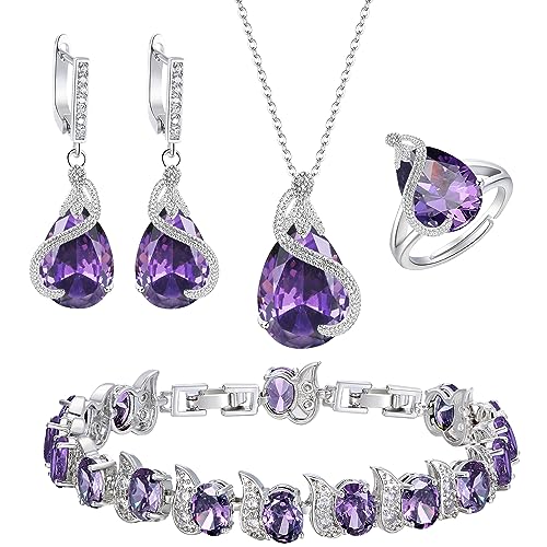 EVER FAITH 4 Stück Tropfen Cubic Zirconia Schmuck Set Glamour Anhänger Halskette Ohrringe Tennis Armband und Offener Ring für Damen Hochzeit Party Amethyst Lila Silber-Ton