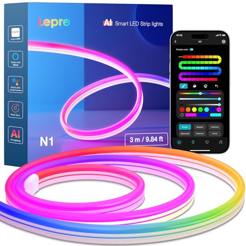 Lepro Neon AI LED Strip 3m, RGB LED Streifen mit App-, Musik- und Sprachsteuerung, kompatibel mit Alexa & Google Assistant, für Wohnzimmer, Gaming, Party, Wanddeko, Personalisierter KI-Lichtdesigner