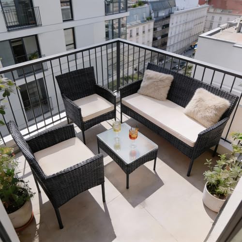 Juskys Polyrattan Sitzgruppe Fort Myers 4 Personen mit 2er Sofa, 2 Stühle, Tisch & Sitzkissen wetterfest schwarz/Creme Balkonmöbel Gartenmöbel Set