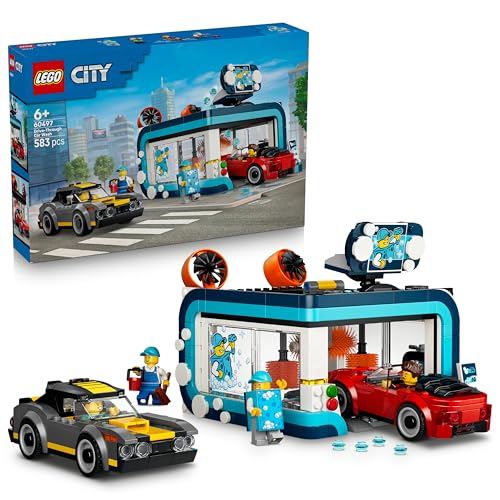 LEGO City Waschstraße Spielzeug - inkl. 2 Modellautos, Waschfunktion und 4 Minifiguren mit Zubehör - Geburtstagsgeschenk für Jungen ab 6 Jahren - 60497