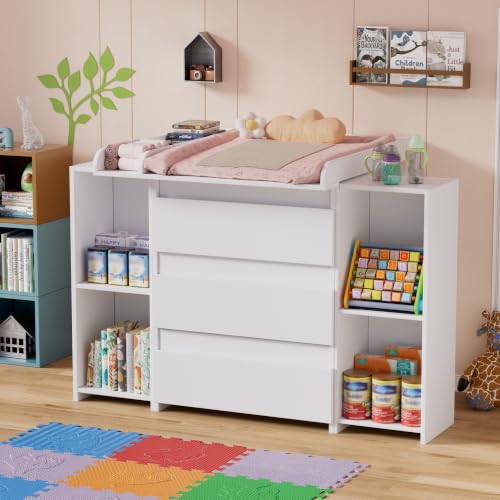 Elancee 2-in-1 Wickelkommode mit abnehmbarem Wickelaufsatz,Baby Wickeltisch Weiß, Kommode mit 3 Schubladen & 6 Seitlichen Regalen, Viel Stauraum für Babyzimmer,73x70x85.8.6cm,Weiß