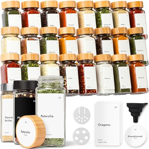 KIVY Gewürzgläser mit Streueinsatz [24x 120ml] + 240 Wasserfeste Label - Luftdichte Gewürzgläser eckig - Gewürzdosen Set - Gewürzstreuer Bambus - Spice jars - Gewürzbehälter mit Holzdeckel
