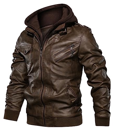 Uusollecy Lederjacke Herren, Kunstlederjacke Mit Abnehmbare Kapuze Braun L