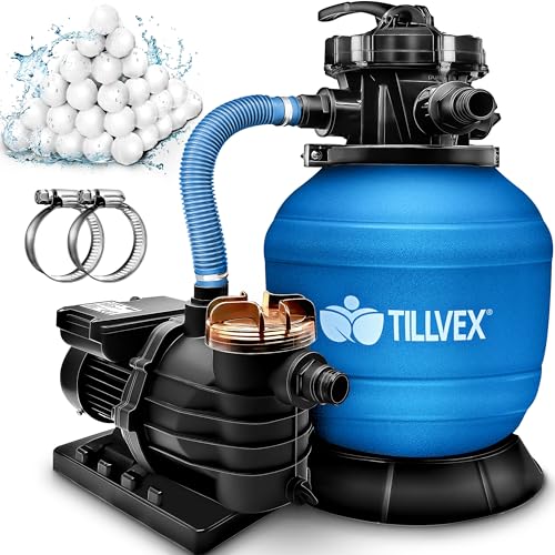 tillvex Sandfilteranlage Pool 10 m³/h inkl. 800g Filterbälle | Filteranlage 7-Wege Ventil & 2in1 Adapter Ø32mm - 38mm | Poolfilter mit Druckanzeige | Sandfilter für Schwimmbecken (Blau)
