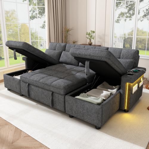Merax Sofa Ecksofa mit Schlaffunktion, Schlafsofa mit Bettkasten und Verstellbarer Rückenlehne, 2 Stauraum-Chaiselongues, LED-Beleuchtung, USB-Steckdose und 2 Getränkehalter, U-Form Eckcouch, Grau