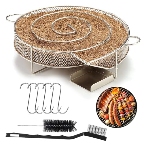 FRTAOOP Edelstahl Kaltraucherzeuger, Rund Rauchgenerator mit 5 Fleischhaken + 2 Reinigungsbürsten, für Grillgeräte, Kugelgrill und Räucherofen