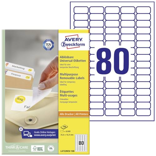 AVERY Zweckform L4732REV-100 Universal Etiketten (8.000 Klebeetiketten, 35,6x16,9mm auf A4, wieder rückstandsfrei ablösbar/abziehbar, individuell bedruckbare, selbstklebende Aufkleber) 100 Blatt, weiß