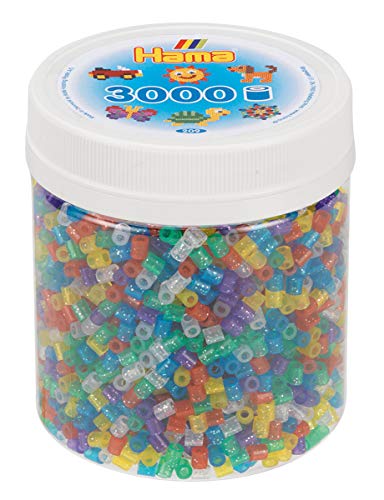 Hama Perlen 209-54 Bügelperlen Dose mit ca. 3.000 bunten Midi Bastelperlen mit Durchmesser 5 mm im Transparent Glitter Mix, kreativer Bastelspaß für Groß und Klein