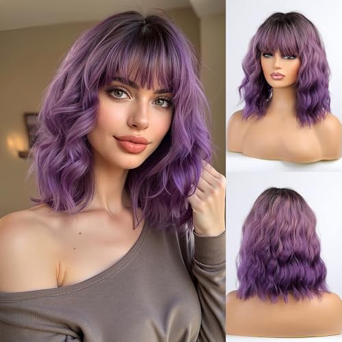 Esmee Kurze Gewellt Ombre Violett Perücke für Frauen Natürliche Synthetische Haare Hitzebeständig Perücken für Tägliche Party Cosplay-14 Zoll