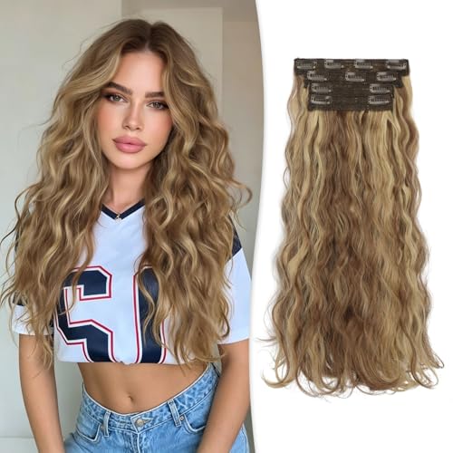 RUWISS Clip in Extensions, 45 cm Lange Gewellte Wellige Clip in Haarverlängerung 4PCs Synthetik Hair Extensions für Frauen, Hellbraun und gemischtes Blond