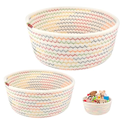 2er Set Aufbewahrungskorb Geflochten, Stapelbare Körbchen Aufbewahrung Baumwollseil, Korb Geflochten Wickeltisch für Deko Kinderzimmer, Badezimmer, Wohnzimmer, Mehrzweck Aufbewahrungskörbe