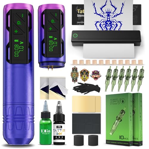 INKin Tattoo Maschine Set, Kabelloser Tätowiermaschine mit 4.0 Hublänge und 2pcs 1800mAh Batterien, Tattoo Zubehör Set Komplett mit Tattoo Drucker Bluetooth, Stencil Stuff, Tattoo Farbe und Nadeln