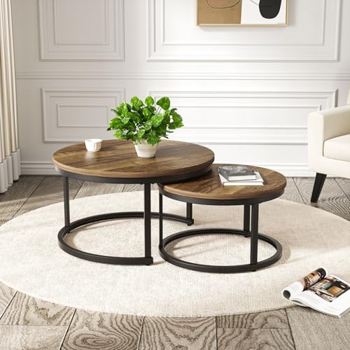 Hawthyhome 2 Stücke Beistelltisch Set rund, Couchtisch aus Holz mit Metallrahmen,Moderne Kaffeetische Satztische für Wohnzimmer Schlafzimmer Braun