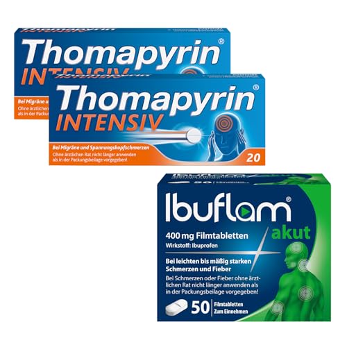 Thomapyrin INTENSIV 3-fach Kombination bei Kopfschmerzen und Migräne 2 x 20 Stk + Ibuflam AKUT Ibuprofen-Schmerztabletten 2 x 50 Stk | kombinierter Vorteils-Pack | Schnelle Schmerzlinderung