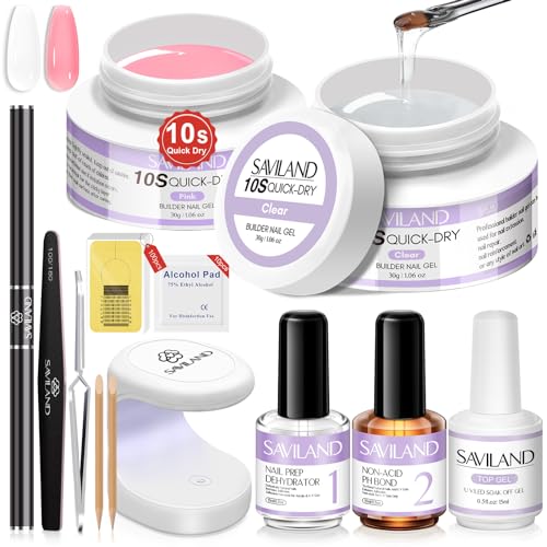 Saviland Aufbaugel für gelnägel Set: 2 Farben 30g Klares Pink mit U V Lampe Nagelbürste 100 Nagelformen Schnell Trocknendes Builder Nail Gel Nagelverlängerung und Modellage für Nägel Künstlerbedarf