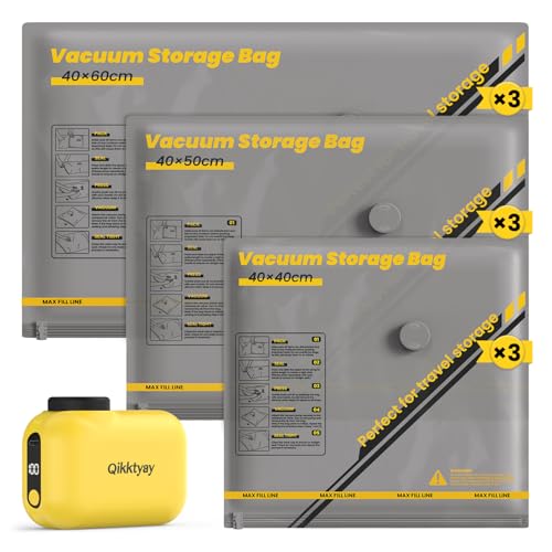 Vakuumbeutel für Kleidung mit Kabellose Vakuumpumpe – 9er Set Vakuumbeutel Reise (40×40/40×50/40×60 cm), ideal für Reise & Aufbewahrung – Vacuum Bags for Clothing Travel & Storage