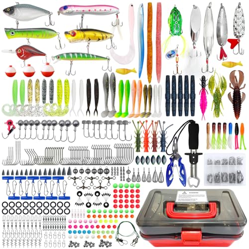 L PATTERN 491 Stück Angeln Köder Set Gemischt, AngelKöder Kit mit Tackle Box Enthält Angelzubehör Wobbler Forellenköder Jigköpfe Blinker Angeln Angelhaken Set Angelwirbel Angelblei
