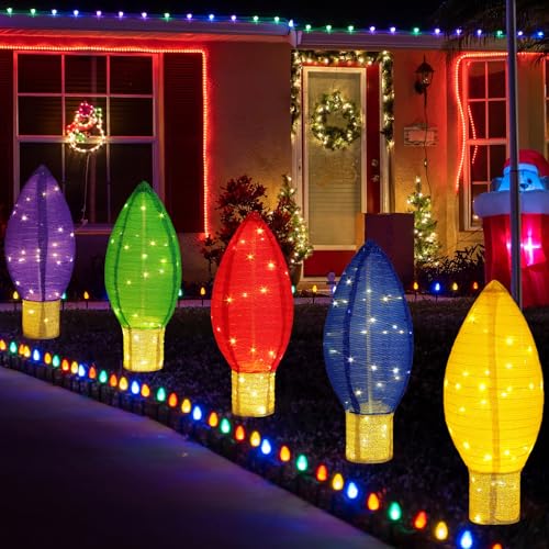 Tujoe Große beleuchtete Weihnachtsdekoration für den Außenbereich, 0,7 m, zusammenklappbar, riesige, vorbeleuchtete Weihnachtsdekoration mit LED-Lichtern für Hof, Garten, Rasen, Rot, Blau, Grün, Lila