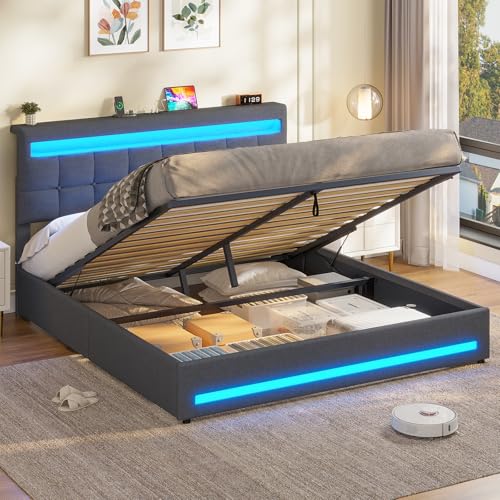 AOGLLATI Polsterbett 160x200 CM mit Ladestation & LED-Beleuchtung,Doppelbettgestell mit Stauraum Kopfteil & Lattenrost, Schwebender visueller Effekt,Modern Bettgestell Leinen, Ohne Matratze,Dunkelgrau