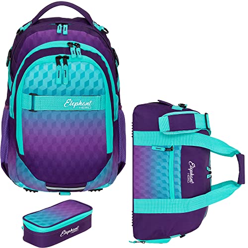 Elephant 3 Teile Set Schulrucksack Jungen Mädchen Signature Hero 2 Schultasche Laptopfach Rucksack + Sporttasche + Mäppchen Box (Violet Cube 12868 (Türkis Lila))
