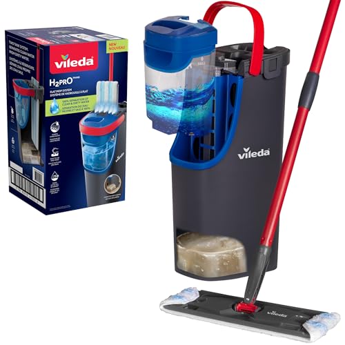 Vileda H2prO Flaches Wischmopp- und Eimer-Set, 100% sauberes und schmutziges Wasser, Wandmopp, Bodenleisten-Reinigungswerkzeug, maschinenwaschbar, wiederverwendbar, Mikrofaser-Wischkopf, sicher auf