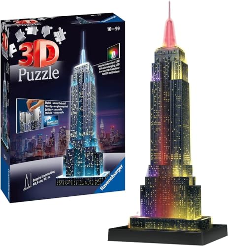 Ravensburger 3D Puzzle 12566 - Empire State Building Night Edition - eines der bekanntesten Wahrzeichen von New York - LED beleuchtetes Gebäude - ab 10 Jahren