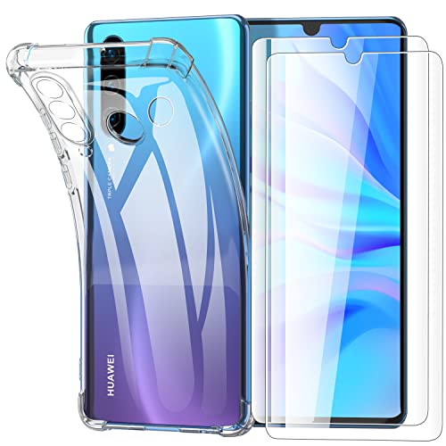Garegce für Huawei P30 Lite Hülle, Huawei P30 Lite New Edition Hülle mit 2 Stück Panzerglas, Handyhülle Huawei P30 Lite Transparent Stoßfest Silikon Weiche Schutz Case Cover, 6.15 Zoll - Klar