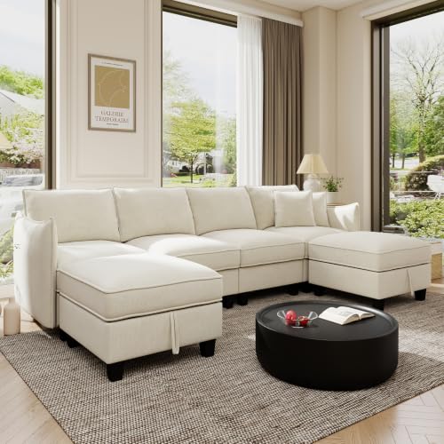 Urhanherry Ecksofa mit Stauraum, Modulares Sofa U-Form 6-Sitzer Wohnlandschaft mit 2 Stauraum Hockern, Modernes Sektionssofa mit 2 Kissen, Chenille Couch für Wohnung, Wohnzimmer, Beige