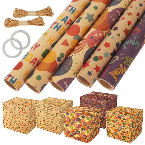 5 Rollen Geschenkpapier Geburtstag, 43cm x 3m Geschenkpapier Rolle,Geschenkpapier Kraftpapier mit 2 Hanfseil & 2 Klebeband,für Kindergeburtstag Hochzeit Babyparty Weihnachten (Type B)