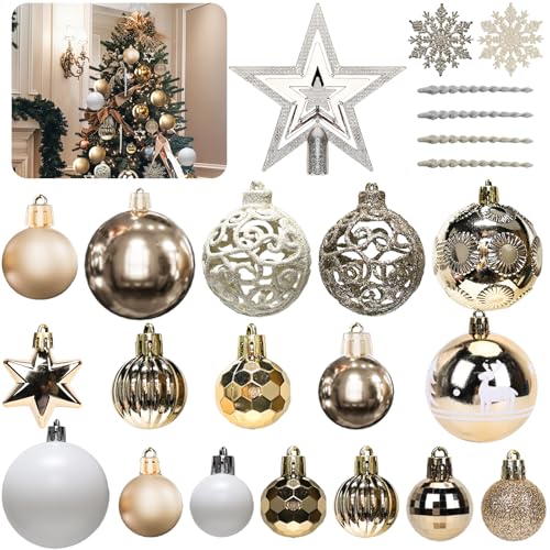 Weihnachtskugeln 101er Set, Weihnachtsdeko, Kunststoff Christbaumkugeln, Champagner Weihnachtsbaumkugeln, Baumspitze Stern, Matt, Glänzend, Mehrweg Baumkugeln Weihnachten, 3, 4 & 6 cm