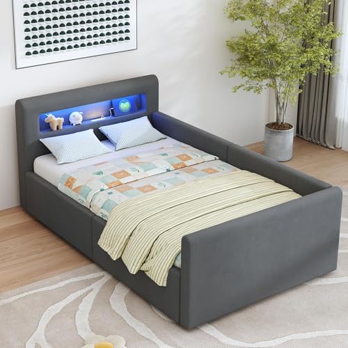 okwish Polsterbett Kinderbett 90x200 cm, Jugendbett mit hydraulischem Stauraum, LED Nachtlicht & USB-Anschluss, Samtstoff, Dunkelgrau, ohne Matratze