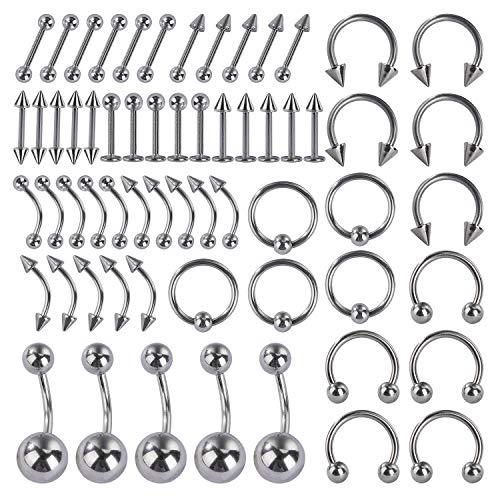 MengH-SHOP Piercing Schmuck Set Barbell für Lippe Bauch Nase Zunge Ohr Brustwarze Augenbrauen Knorpel Hufeisen Rings 60 Stück 12 Stile