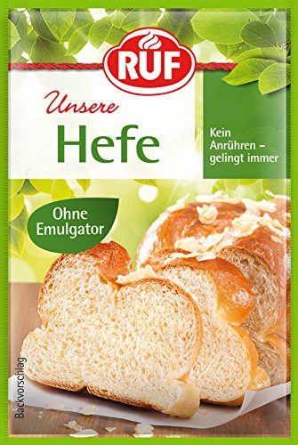 RUF Hefe ohne Emulgator, Trockenhefe zur Herstellung von Hefeteig, Kuchen, Brot, Brötchen und Pizza, Trockenbackhefe glutenfrei und vegan, 3 x 9g