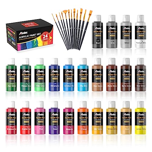 ABEIER Acrylfarben Set mit 24 Acryl Farben (je 60ml/2oz) und 12 Pinseln