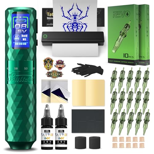 INKin Tattoo Maschine Set, Kabelloser Tätowiermaschine mit 2.5mm-4.8mm Hublänge und 1600mAh Batterie, Tattoo Zubehör Set Komplett mit Tattoo Drucker Bluetooth,Stencil Stuff,Tattoo Farbe und Nadeln