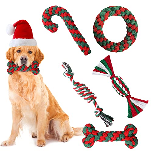 BINXWA 5 Stück Hundespielzeug Weihnachten, Kauen Naturbaumwolle Seil Zuckerstange für Kleine und Mittlere Hund Geschenk