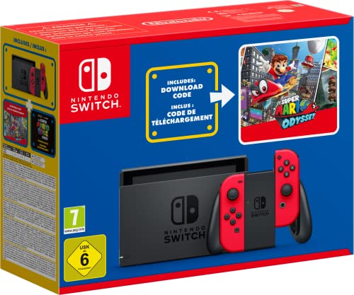Nintendo Switch-Konsole (rot) + Spiel Super Mario Odyssey als Downloadcode + Der Super Mario Bros. Film-Aufkleber