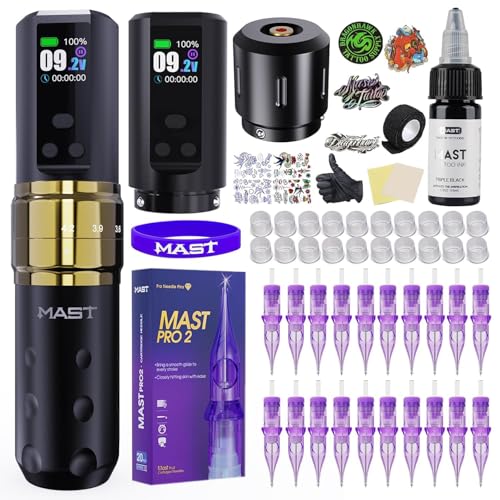 Mast Fold2 Pro Kabellose Tattoo Maschine Set Rotary Tattoo Pen mit 2x 2000mAh Akkus, RCA-Connect, Komplettset Kit Nadeln & schwarzer Tinte für Profis gold color