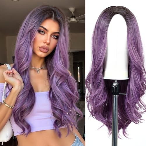 Esmee 24 Zoll Lange Gewellte Lila Perücke für Frauen Natürliches Synthetisches Haar Hitzebeständig Ombre Perücken mit Dunklen Wurzeln für die Tägliche Party Cosplay Tragen
