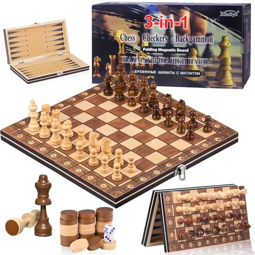 HOVIBU Magnetisches Schachspiel, 3 in 1, Einklappbares Schachbrett aus Holz, Reiseschach, Tragbares Hochwertiges Magnetisches Schach für Familienaktivitäten und Partys, für Kinder und Erwachsene