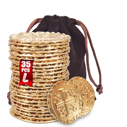 ZUCOS Piraten Münzen Zubehör,Goldmünzen-Set, Metall Goldtaler Deko Dublonen für DND Brettspiele, Cosplay, Realistische Mittelalter Geld-Imitation, Piratenschatz (35 PCS)