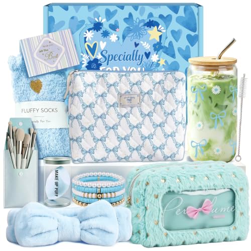 QHHENTOO Geschenke für Mädchen, Geburtstagsgeschenk für 9 10 11 12 13 14 15 16 17 18 Jährige Mädchen Teenager mit Kosmetiktasche, Glas, Socken, Haarband, Pinselset Geschenkidee für Freundin Schwester