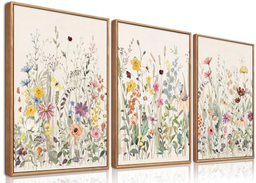 BINCUE Leinwand Wandkunst, Aquarell Blumen Wandbilder, Bunte Wildblumen Bilder, Wanddekoration, Botanische Deko für Wohnzimmer Schlafzimmer Zuhause, Rahmen, 30x40cm x3