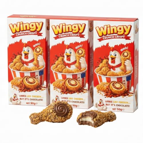 Wingy Crunch Crispy Schokolade 3er Pack (3 x 50g) – Knusprige Schokoladenpralinen im Chicken-Style – Looks like Chicken, but it’s Chocolate – Origineller Fun Snack