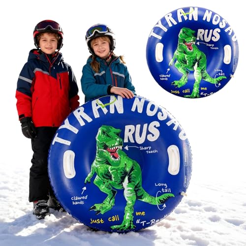 Aufblasbare Schlitten, SilverCherry Aufblasbare Schneereifen, 80cm Snow Tube Frostschutz Schlitten mit Griffen, Klappbar Schneereifenfahren für Kinder und Erwachsen (Dino)