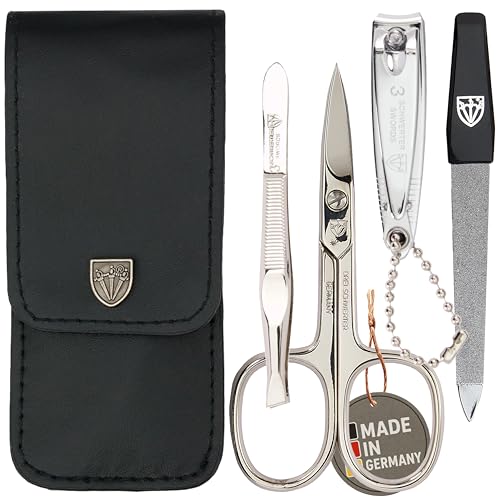 DREI SCHWERTER - 4-tlg. Nagelpflegeset 'Capri' | Hochwertiges Nageletui für Maniküre und Pediküre. Farbe: Kunstleder Schwarz | Inhalt: Nagelschere, Nagelknipser, Pinzette, Saphirnagelfeile