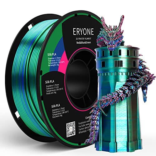 ERYONE Dreifarbiges Seiden PLA Filament 1.75mm,Seidiges Mehrfarbiges PLA-Filament für 3D-Drucker +/- 0,03 mm,Co-Extrusion Seiden PLA Filament 1 kg / Spule, Rot &Blau& Grün
