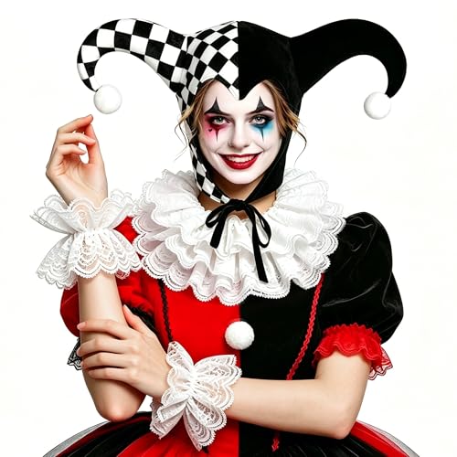 Viktorianische Rüsche Clownkragen mit Stirnband, Renaissance-Kragen mit Rüschen und Manschetten im viktorianischen Stil, mehrlagiger Clown-Halsreif mit Manschetten für Halloween-Kostüme (Schwarz-Weiß)