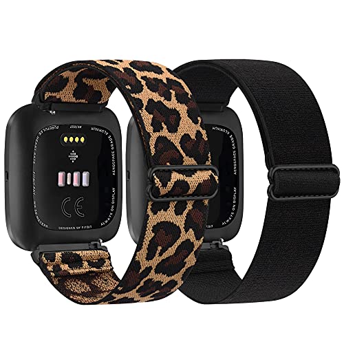 WAIYI Armband, Verstellbares Dehnbares Nylon Ersatzband für Fitbit Versa/Versa 2/Versa Lite (Leopard/Schwarz)
